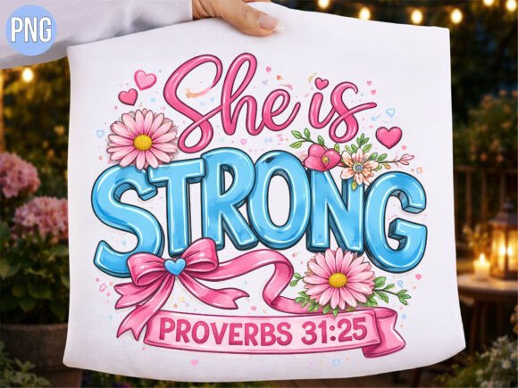 She is Strong Pink Bow Christian PNG T-Shirt Designs